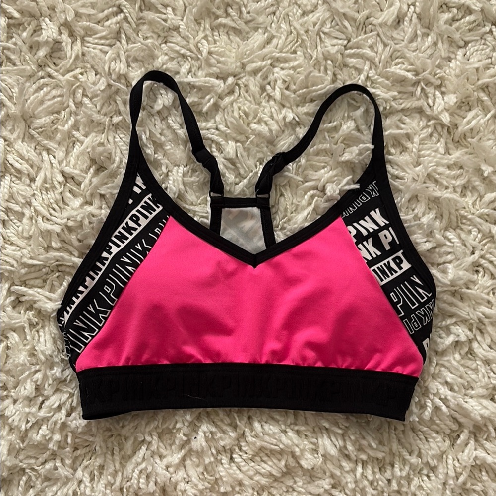 PINK Victoria's Secret Black and Pink Sports Bra with Logo Detailing